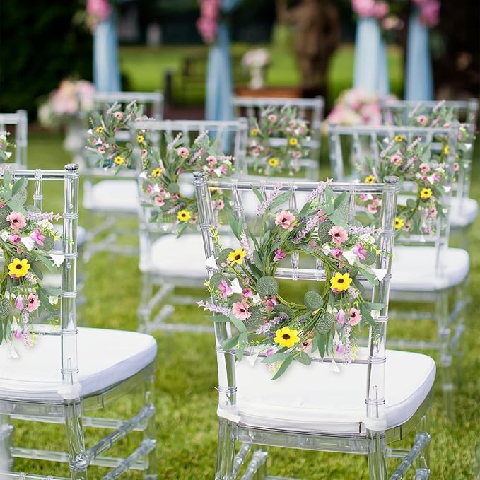 4 Pcs 9" Mini Spring Summer Flowered Wreath Floral Wedding Candle Rings Wreaths Kitchen Cabinet Wreaths with Ribbon for Pillars Wedding Table Centerpiece Farmhouse Party Home Door All Seasons Decor