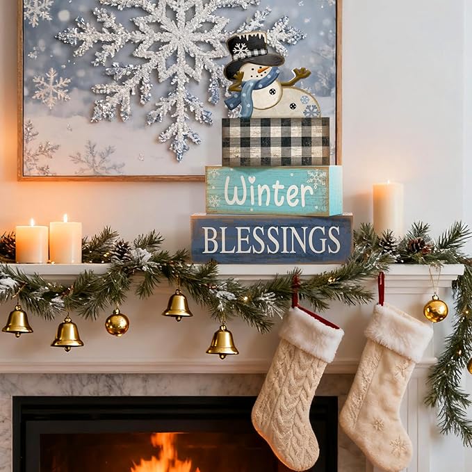 Moucuny 4 Pcs Winter Table Decorations Playful Snowman Decor Indoor Winter Tiered Tray Decor Rustic Wooden Decorative Snowman Block Sign Gift Snowflake Centerpiece Farmhouse for Home Kitchen