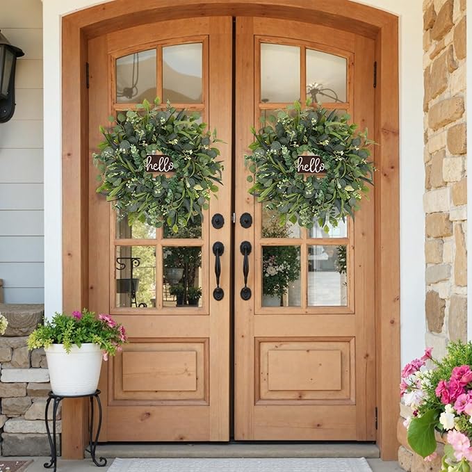 24" Eucalyptus Wreath with Hello Sign for Front Door, All Seasons Greenery Wreath, Artificial Eucalyptus Wreath for Farmhouse Porch, Window, Wall, Year Round Spring Summer Outdoor & Indoor Home Decor