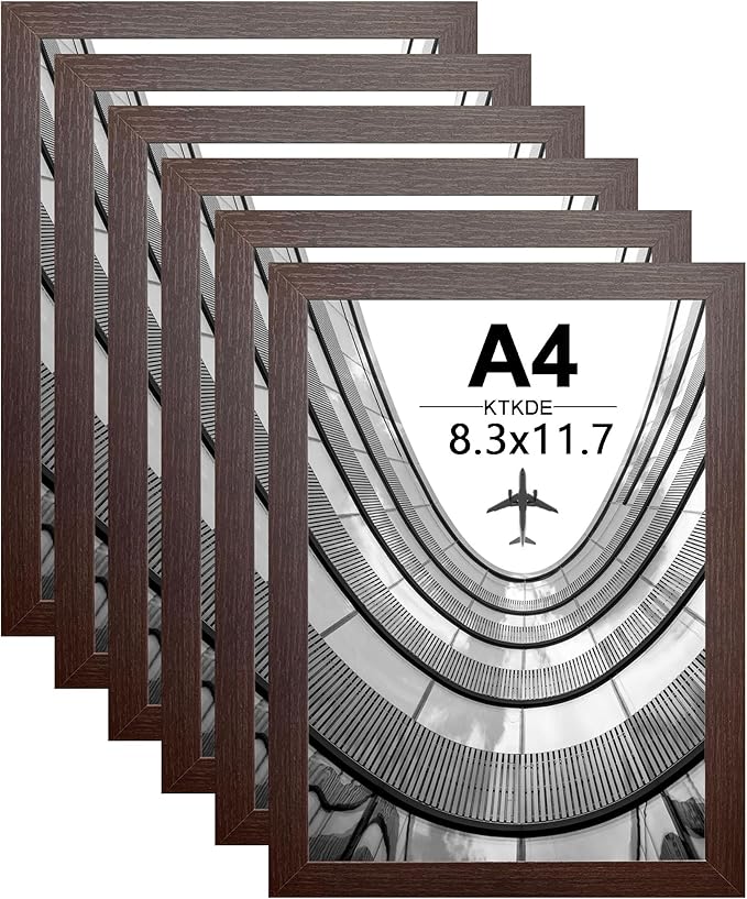 KTKDE A4 Picture Frame Set of 6,Walnut Wooden Photo Frame for Certificate Poster and Photo, Horizontal or Vertical Formats 8.3x11.7 Frame with Shatter Resistant Plexiglass Home Decor best gift
