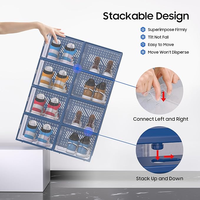 eWonLife Large Shoe Organizer Storage Box with Magnetic Door,12 Pack Clear Plastic Stackable Sneaker Containers for Closet, Connect Left and Right Shoe Box for Entryway, Drop Front, Under Bed (Blue)