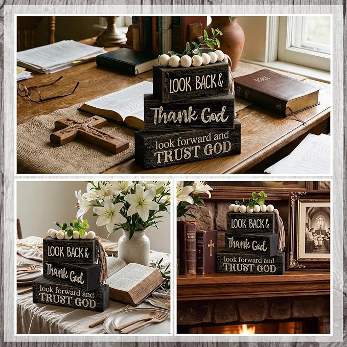 Moucuny 4 Pcs Farmhouse Table Decor Inspirational Wooden Signs Rustic Eucalyptus Leaves Wooden Block Sign Gift Thank and Trust God Farmhouse Table Centerpiece for Living Room Housewarming Gift