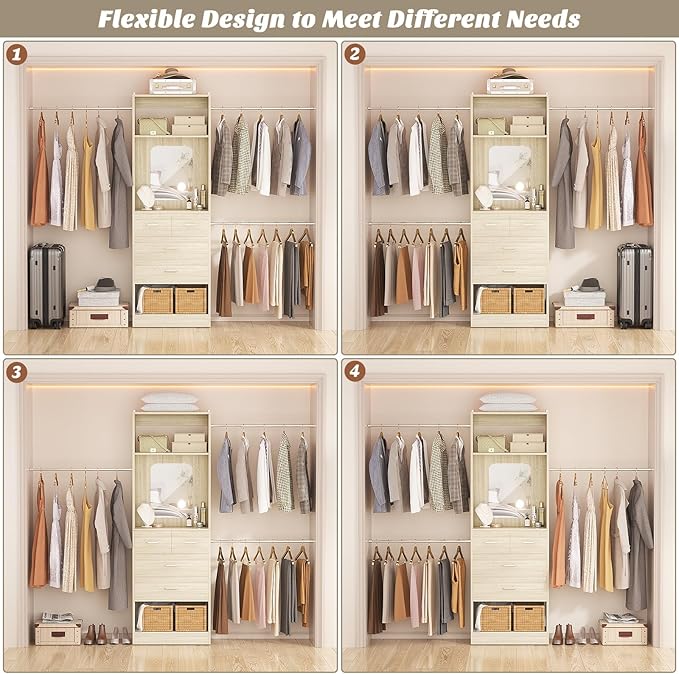 Unikito 8FT Closet System, Customizable 96 Inch Closet Organization Kit with 25” Tower and 3 Extendable Hanging Rod(Can Be Cut to Fit), Heavy Duty Clothing Racks with 4 Drawers and Shelves, White Oak