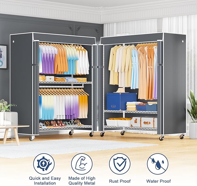 P8C Max Heavy Duty Clothes Rack（With Extended Width Design） Rolling Clothing Racks for Hanging Clothes with Lockable Wheels，51.2" W x 15.8" D x 80.5" H，Load 700LBS，White Rack with Grey Cover