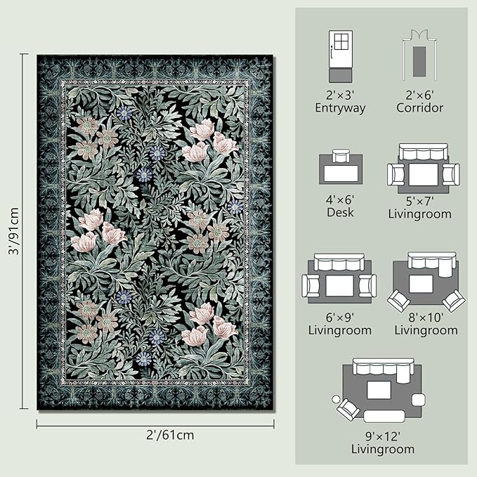 Washable Entryway Area Rugs 2x3 Black Green Vintage Floral Botanical Pattern,Perfect for Soft Door Mat Indoor Entrance, Ultra-Thin Easy Clean Small Throw Carpet for Bedroom Bathroom