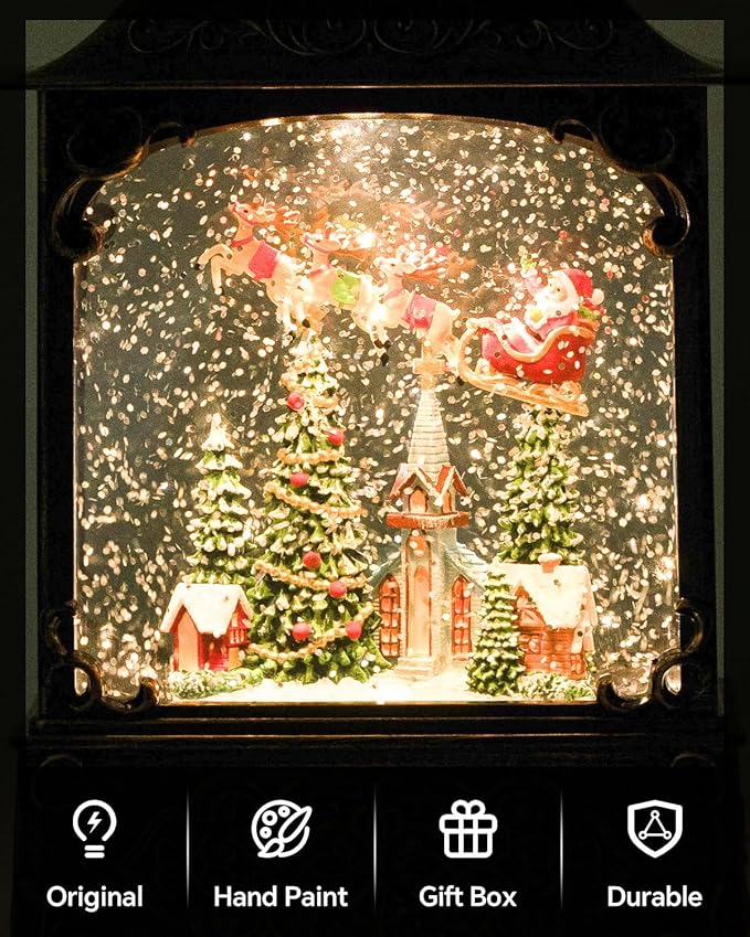 Santa Christmas Snow Globe with Flying Reindeer - Lighted Church Musical Snow Globes Lantern with Swirling Glitter, 8 Classic Songs, 6-Hour Timer, Xmas Gift for Adults and Holiday Decoration