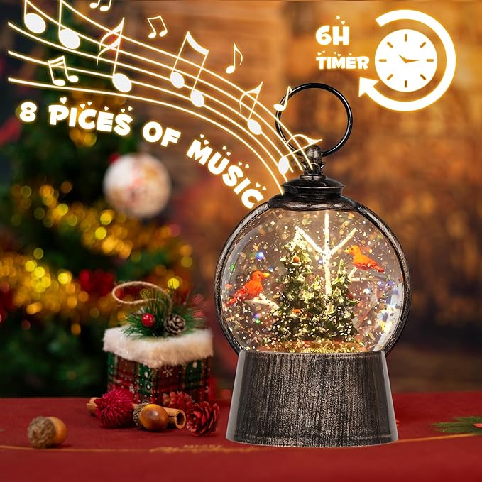 Christmas Snow Globe Lantern with Swirling Glitter Christmas Decorations Indoor, Cardinals & Christmas Tree Lighted Musical Snow Globes USB Powered & Battery Operated Lantern for Holiday Decor