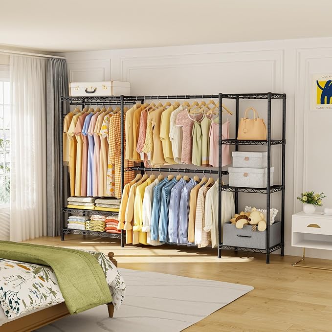 Coat Rack Clothes Wardrobe：Closet Organizer and Storage Clothing Garment Rack with Shelves Heavy Duty for Hanging Clothes Portable Adjustable Black 15.8" Dx(70-88.5)" Wx76.5 H