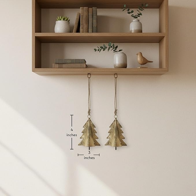 Rustic Iron Wall Accent – Set of 2 - Handmade Metal Hanging Décor with Rope - 3D Christmas Tree & Brass Hanging Bell for Indoor & Outdoor Walls (4" & 3")