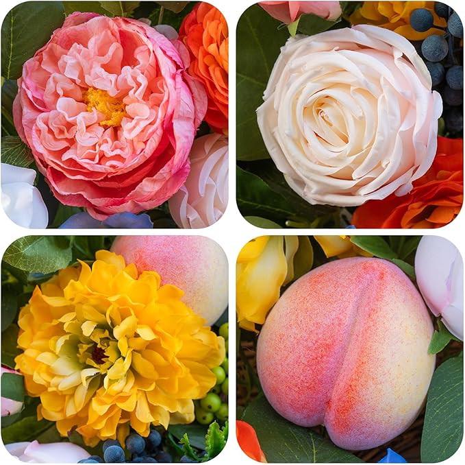 Pinkpuii Spring Wreaths for Front Door 24 Inch Vibrant Spring Summer Wreath with Peonies,Roses,Marigolds,Blueberries & Realistic Fruit Accents (Peach, Lemon)- Ideal for Porch,Entryway,Wall,Window