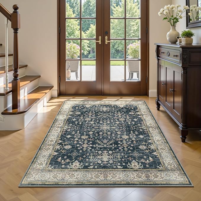 Lessymo Large Entryway Rug 3x5, Black Brown Washable Boho Area Rugs for Large Kitchen, Bedroom Bedside, Living Room, Non Slip Low Pile Carpet Oushak Vintage Floral Moody Decor