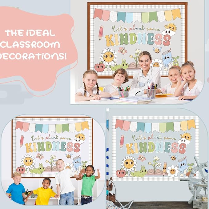 Pajean Let's Plants Some Kindness Bulletin Board Set Boho Back to School Classroom Decorations Sunflower Pencil Book Apple Paper Cutouts with Borders for First Day of School Library Decor Supplies