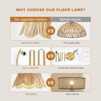 Oneach Arc Floor Lamp for Living Room,Rattan Boho Floor Lamp with Hand-Woven Shade, Foot Switch,Gold Metal Base & Pole,Farmhouse Standing Lamp for Bedroom Corner,Reading