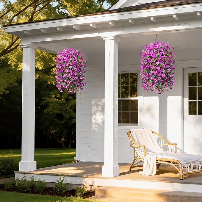INQCMY Artificial Hanging Flowers Decoration, 4pcs Fake Floral Basket Plants for Outdoor Porch, Faux Shrubs Home Spring Decor UV Resistant Potted Violets for Outside Garden No Fade