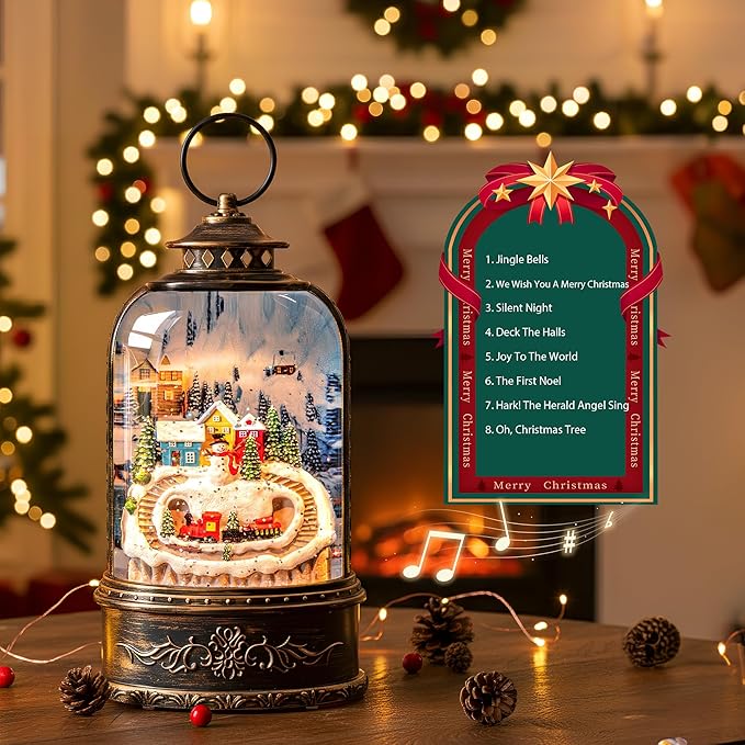 Christmas Snow Globe Lantern Water Glittering Snowman & Train with Music & Timer, USB Lined/Battery Operated Lighted Lantern for Christmas Festival Decoration Gifts
