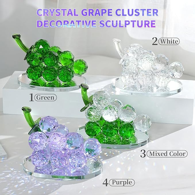 Grape Cluster Crystal Decor Sculpture, Sparkling High-Transparency Faceted Design, Luxurious High-End Crystal with Mirror Base, Elegant Home/Office Display, Gift for Collectors & Fruit Lovers (White)