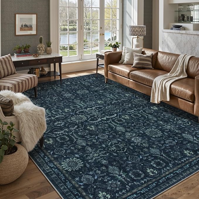 Lahome Navy Blue 8x10 Area Rugs for Living Room,Boho Machine Washable Dining Room Area Rugs,Dark Vintage Thin Stain Resistant Carpets for Bedroom Dorm Home Office