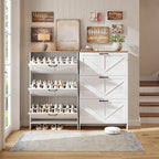 Nicetree Barn Door Shoe Cabinet for Entryway - Modern Farmhouse Shoe Storage Cabinet with 3 Flip Drawers - Slim Hidden Shoe Organizer for 24-32 Pairs - Fits Size 12 Work Boots White