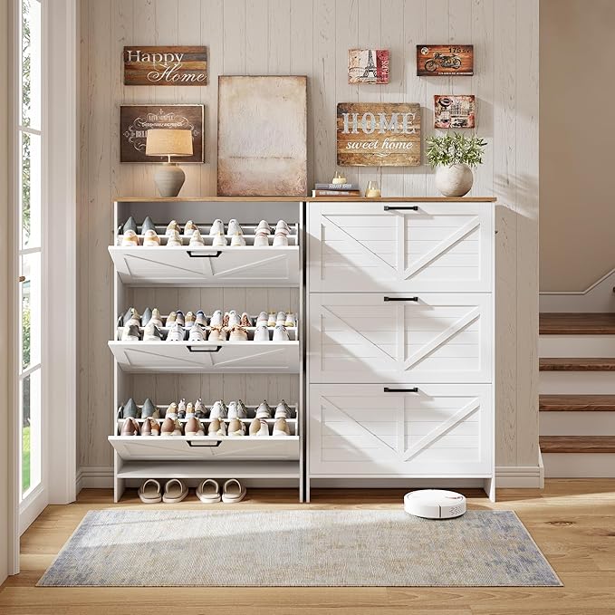Nicetree Barn Door Shoe Cabinet for Entryway - Modern Farmhouse Shoe Storage Cabinet with 3 Flip Drawers - Slim Hidden Shoe Organizer for 24-32 Pairs - Fits Size 12 Work Boots White