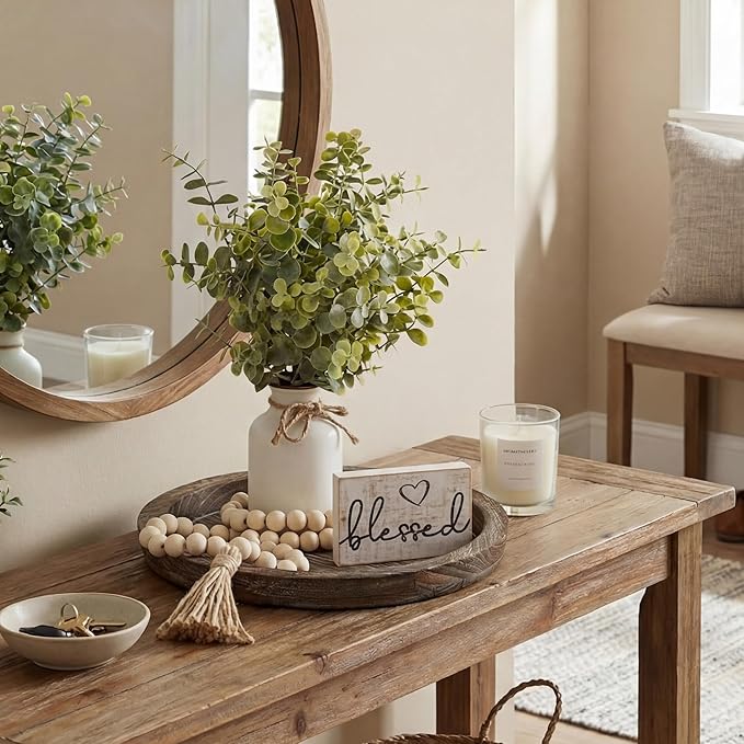 Rustic Modern Farmhouse Decor Set of 6 for Your Living Room, Kitchen Counter, Home or Table Centerpieces Room Decor, Wood Round Decorative Tray Gifts for Women Men