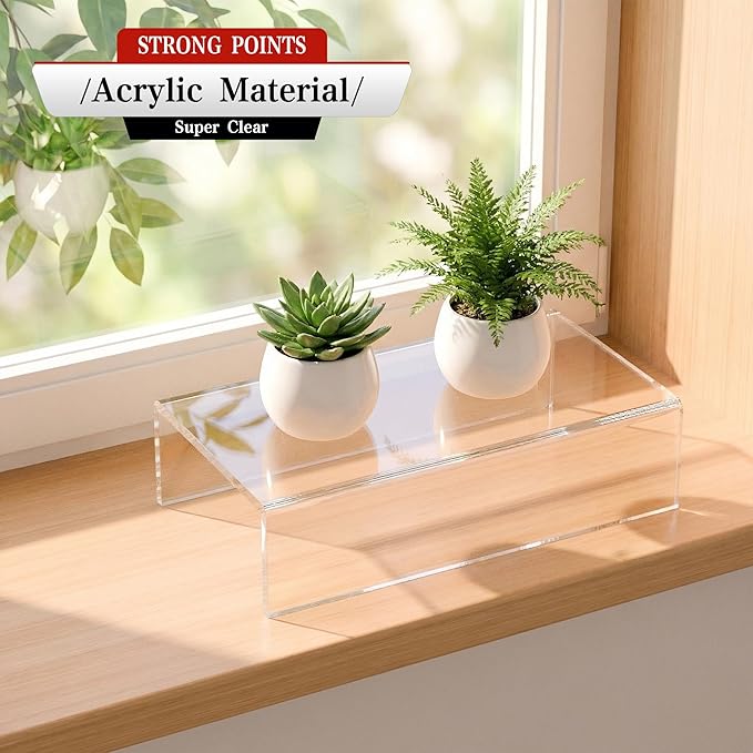 Sezanrpt Acrylic Shelf Riser 8x4.3x2 pack of 2, Clear Display Shelf 8” for Shoes, Glasses, Plants, Home Decors, Perfume, 8x4.3x2 Inch