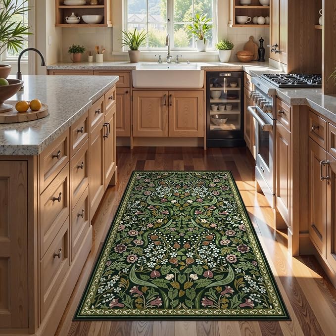Moynesa Floral 3x5 Area Rug, Washable Non Slip Soft Bedroom Rugs, Boho Green Small Rugs for Living Room, Botanical Ultra Thin Throw Carpet for Kitchen Entryway Bathroom, Green