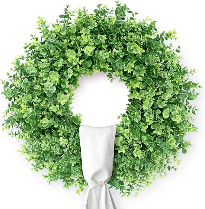 26" Artificial Eucalyptus Wreath with Sash for Front Door, Porch, Window - Large Faux Eucalyptus Leaves Greenery Outdoor Wreath for Home, Farmhouse Decor - Spring, Summer, All Seasons (Green)