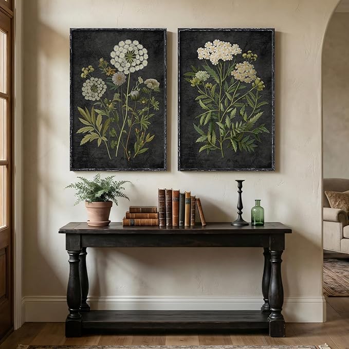 Large Framed Vintage Botanical Wall Art for Living Room, Moody Dark Floral Canvas Painting Prints, Retro Rustic Farmhouse Cottage Core Flower Artwork for Bedroom Dining Room Hallway Walls, 24x36 Inch