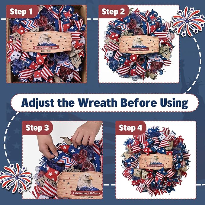 250th Anniversary Patriotic Wreath, 4th of July Wreaths for Front Door with Wooden Eagle Door Sign & Red White Blue Ribbon for Independence Day Memorial Day Patriotic Decorations(18In, 2Pcs)