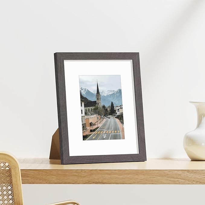Vittanly 8x10 Picture Frames Set of 9, Shatter Resistant Plexiglass, Display 5x7 Pictures with Mat or 8x10 without Mat, Photo Frames for Wall or Tabletop, Engineered Wood, Dark Grey
