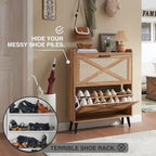Shoe Storage Cabinet, Boho Shoe Organizer with 2 Flip Drawers & Rattan Design,Farmhouse Freestanding Hidden Slim Narrow Shoe Rack Cabinet for Entryway, Foyer,Hallway, Natural