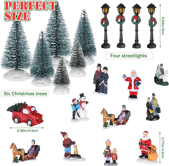 Soaoo 25 Pieces Christmas Village Sets Xmas Led Lighted Christmas Village Houses Mini Xmas Figurines Miniature for Collection Tabletop Mantel Shelf Indoor Accessories