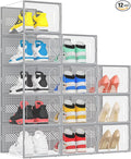 eWonLife Large Shoe Organizer Storage Box with Magnetic Door,12 Pack Clear Plastic Stackable Sneaker Containers for Closet, Connect Left and Right Shoe Box for Entryway, Drop Front, Under Bed (Grey)