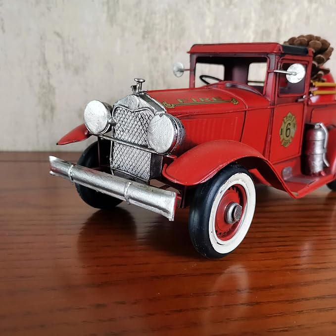 Vintage Fire Truck Model Fire Engine Rustic Metal Home Decor Collectible Vehicle Firemen Handcraft Gift 11.3’’L