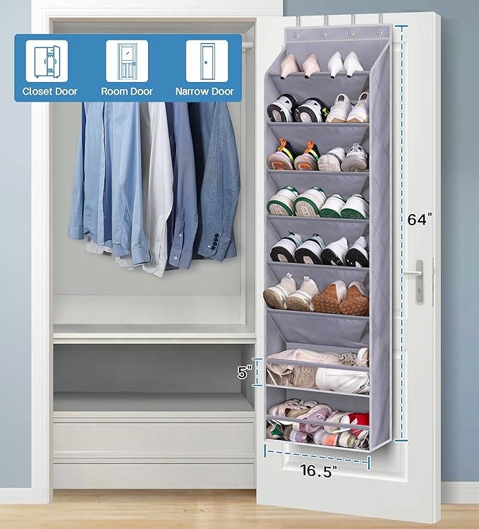KEETDY Over The Door Shoe Organizer Fit 20 Pairs Sneakers Large Hanging Shoe Rack for Closet Door, Deep Shoe Storage Holder for Boots, Heels, Grey