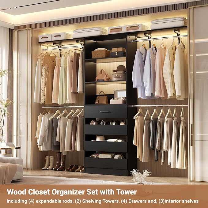 Aheaplus Closet System with 4 Drawers, 8FT Wood Closet Organizer System, 96’’ Walk-in Closet Wardrobe with Tower, 4 Hang Rods, 2 Top Shelves, Built In Closet Insert System, Fits Spaces 4-9 ft, Black