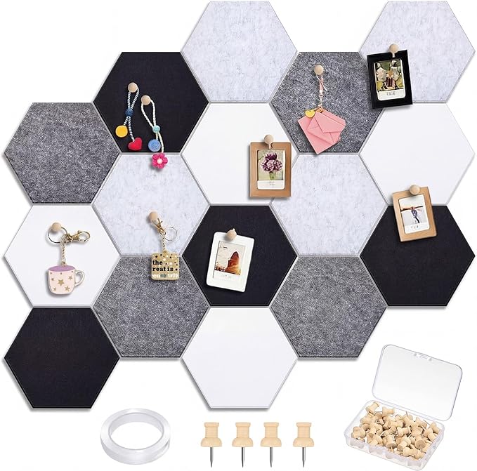 Mindsoft 16 Pcs Hexagon Cork Board for Walls with 50 Wooden Push Pins 12x10 in Felt DIY Tiles Notice with Nano Tape Hanging Bulletin Board for Home Photo Office Memo Note(Grey)