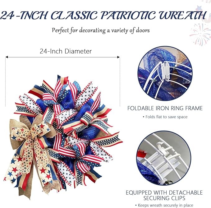 250th Anniversary Patriotic Wreaths for Front Door, 24 Inch Large 4th of July Decorations, Handcrafted Ribbon Burlap Bow, Red White and Blue Memorial Day Wreath with Lights & Storage Bag