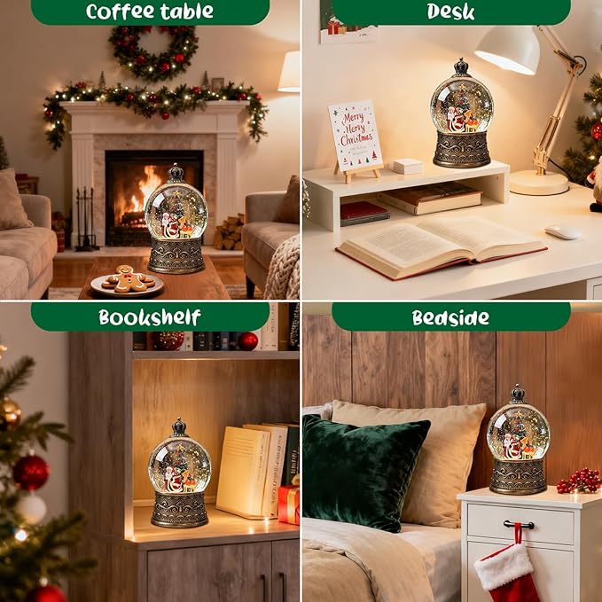 Christmas Snow Globes Lantern, Santa Claus and Reindeer Christmas Decorations Indoor, 6H Timer Battery & USB Powered Light Up Musical Snow Globes for Kids Women Adults Gift Thanksgiving Home Decor