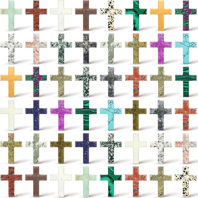 Nuenen 50 Pcs Cross Charm for Women Man Celebration Grad Decor Crystal Pocket Cross Necklace Natural Worry Stone Gift for Jewelry Making Craft Festival Decor(1.5 x 1.06 x 0.24 Inch,Lovely)