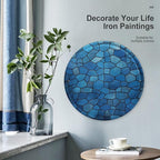 Wall Picture, with Blue Tile Pattern Printed Circular Iron Hanging Picture,Wall Art Decor,Home for Bedroom Living Room Bathroom Decor,Iron Painting 11.8X11.8 in