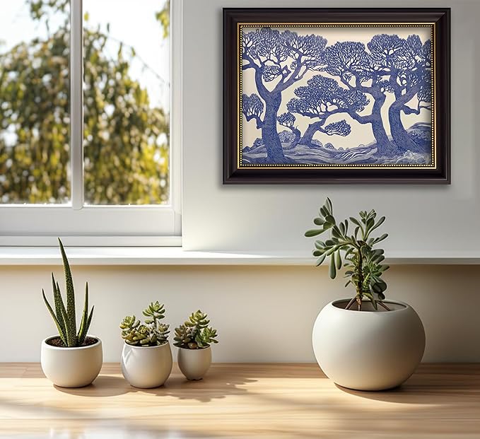 Vintage Gold Framed Wall Art Oak Tree Forest Painting Canvas Prints Blue Woodland Nature Landscape Picture Moody Botanical Poster Artwork for Living Room Bedroom, 9x11in