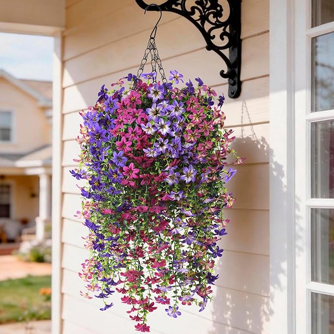 INQCMY Artificial Hanging Flowers Decoration, 8pcs Fake Floral Basket Plants for Outdoor Porch, Faux Shrubs Home Spring Decor UV Resistant Potted Violets for Outside Garden No Fade