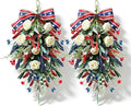 2 Pack 21'' Patriotic Teardrop Swag Wreaths for Cabinets Artificial 4th of July Swag Wreath with White Roses Red Blue Spike Flowers Eucalyptus Leaves for Independence Day Memorial Day Front Door Porch