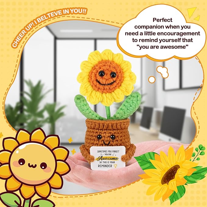 WenmthG Mini Positive Crochet Sunflower Doll - Funny Handmade Knitting Doll Birthday Emotional Inspirational Cheer Support Ideas Gifts for Women Girls Coworker Thank You Gifts