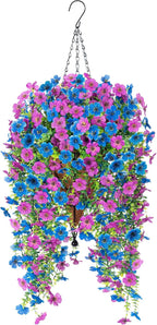 Artificial Flowers for Outdoors Home Decor, 2 Packs Faux Daisy Silk Flower Realistic Fake Plants for Front Porch Courtyard Outside Hanging Floral Spring Summer Fake Planter Decoration (Purple Blue)