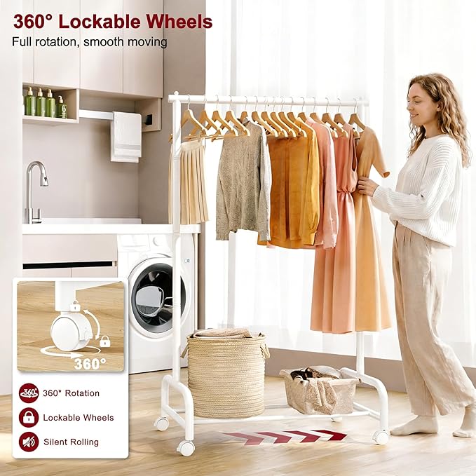 SLEEPING LAMB Heavy Duty Clothing Racks for Hanging Clothes, Metal Rolling Clothes Rack with Wheels, Sturdy Garment Wardrobe Rack for Bedroom, Laundry Room, White
