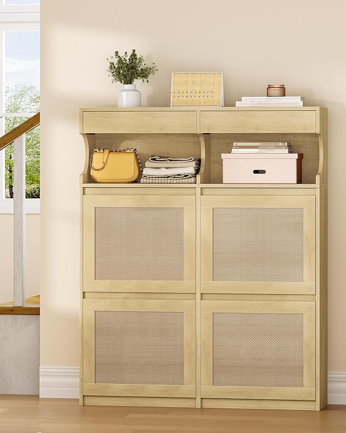Shoe Cabinet with 4 Flip Drawers & 2 Top Drawers, Narrow Hidden Shoe Storage Cabinet for Entryway, Freestanding Shoes Organizer with Storage Space, 16-20 Pairs, for Hallway, Rattan SR57602Y
