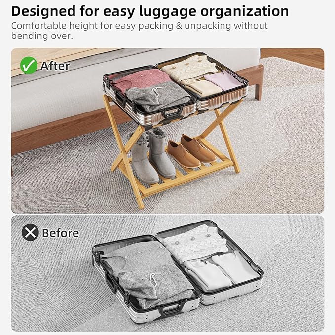 Bamboo Luggage Rack for Guest Room, Wide Suitcase Stand with Storage Shelf, Folding Luggage Stand Holder for Bedroom Hotel, 26.77" Thickened Luggage Rack for Suitcases, Natural