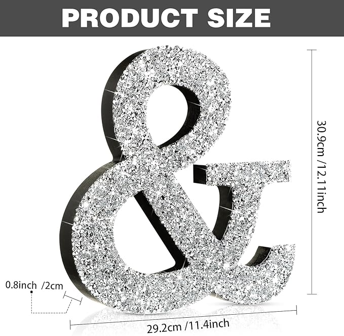 Qunclay 12'' Silver Crystal Diamond Bling Letters Crushed Diamond Decoration Wooden Glitter Letter with Screw and Hooks Rhinestone Gift for Wedding Y2k Mcbling Bedroom Wall Decor (Symbol)